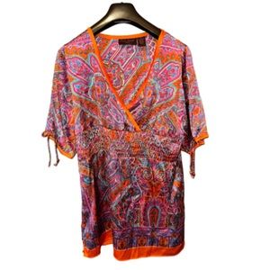 Silky V-Neck Ruched Waist‎ Top-Large
